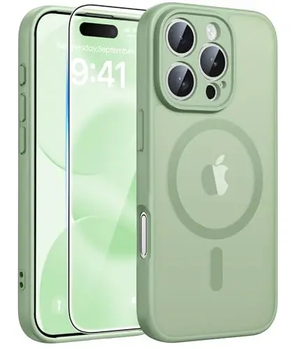 FNTCASE for iPhone 16 Pro Max Case, Fit for Magsafe, Glass Screen Protector | Full Camera Protection, Translucent Matte, 14FT Military Grade Drop Proof, Shockproof Protective Phone Cover, Light Moss 