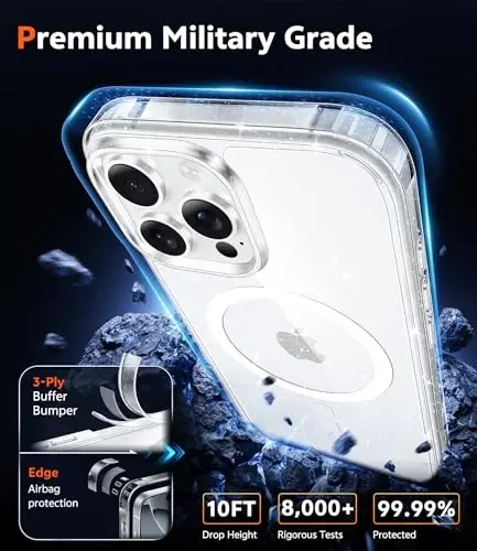 FNTCASE iPhone 16 Pro-Max Kılıfı: Magsafe ile Uyumlu Şeffaf Manyetik Telefon Kılıfları, İnce, Sararmaya Karşı Korumalı, Askeri Sınıf Düşme Korumalı, Sağlam, Şeffaf Cep Telefonu Kılıfı (B-Glitter Manyetik) - 6