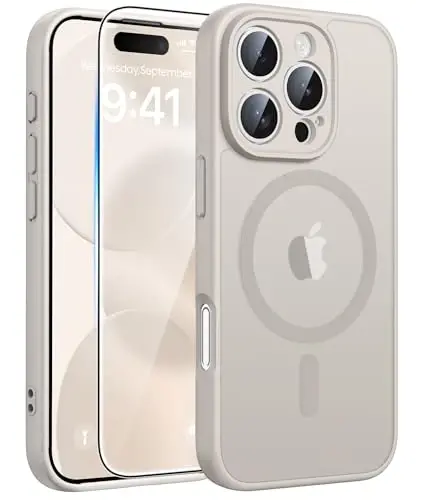 FNTCASE for iPhone 16 Pro Max Case, Fit for Magsafe, Glass Screen Protector | Full Camera Protection, Translucent Matte, 14FT Military Grade Drop Proof, Shockproof Protective Phone Cover, Off White 