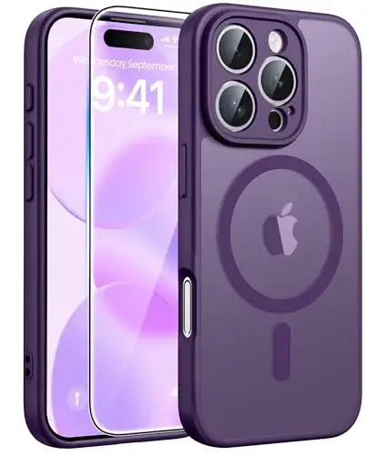 FNTCASE for iPhone 16 Pro Max Case, Fit for Magsafe, Glass Screen Protector | Full Camera Protection, Translucent Matte, 14FT Military Grade Drop Proof, Shockproof Protective Phone Cover, Purple 