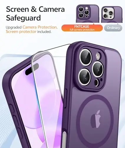 FNTCASE for iPhone 16 Pro Max Case, Fit for Magsafe, Glass Screen Protector | Full Camera Protection, Translucent Matte, 14FT Military Grade Drop Proof, Shockproof Protective Phone Cover, Purple - 4