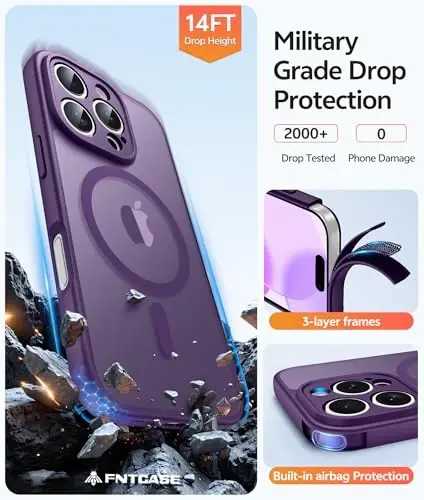 FNTCASE for iPhone 16 Pro Max Case, Fit for Magsafe, Glass Screen Protector | Full Camera Protection, Translucent Matte, 14FT Military Grade Drop Proof, Shockproof Protective Phone Cover, Purple - 5