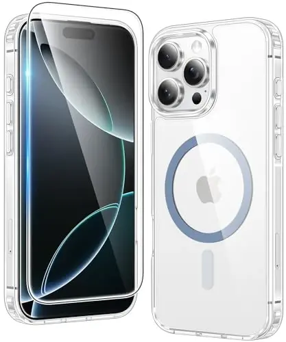FNTCASE iPhone 16 Pro-Max uchun g'ilof: Magnitli harbiy darajadagi tushishdan himoya, sarg'ayishga qarshi mobil telefon qopqog'i - mustahkam zarbga chidamli himoya bamper shaffof g'iloflar (D-ko'k magnitli) 