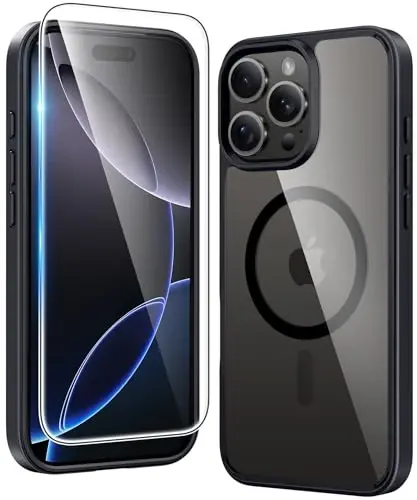FNTCASE iPhone 16 Pro-Max uchun g‘ilof: Magnitli harbiy darajadagi tushishdan himoya, sarg‘ayishga qarshi telefon qopqog‘i - mustahkam zarbaga chidamli shaffof g‘iloflar (B-qora) 