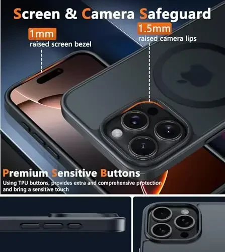 FNTCASE iPhone 16 Pro-Max uchun g'ilof: Magnitli mat o'tkazuvchan harbiy darajadagi tushishdan himoyalovchi telefon g'ilofi | Zarbadan himoya qiluvchi ingichka mustahkam bardoshli himoya bumper qopqog'i - 6