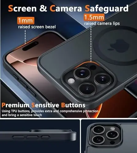 FNTCASE iPhone 16 Pro-Max uchun g'ilof: Magnitli mat o'tkazuvchan harbiy darajadagi tushishdan himoyalovchi telefon g'ilofi | Zarbadan himoya qiluvchi ingichka mustahkam bardoshli himoya bumper qopqog'i - 6