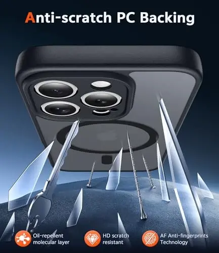 FNTCASE iPhone 16 Pro-Max uchun g'ilof: Magnitli mat teksturali harbiy darajadagi tushishdan himoya qiluvchi yarim shaffof telefon qopqog'i - Ingichka, mustahkam, zarbga chidamli himoya bamperli telefon g'ilofi (C-qora) - 5