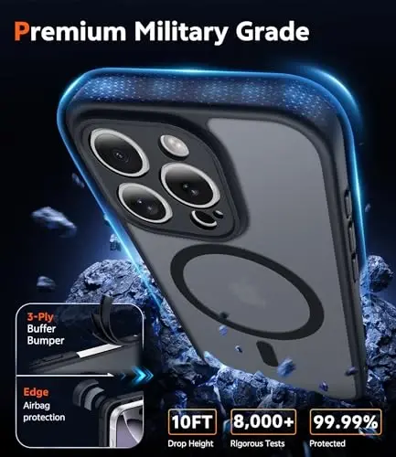 FNTCASE iPhone 16 Pro-Max uchun g'ilof: Magnitli mat teksturali harbiy darajadagi tushishdan himoya qiluvchi yarim shaffof telefon qopqog'i - Ingichka, mustahkam, zarbga chidamli himoya bamperli telefon g'ilofi (C-qora) - 6