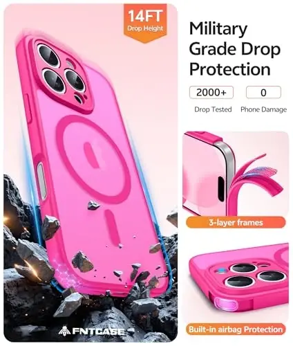 FNTCASE iPhone 16 Pro-Max uchun g‘ilof: Magnitli mat yarim shaffof harbiy standartdagi zarbaga chidamli telefon g‘ilofi | Zarbalarga bardoshli ingichka mustahkam himoya bamperi - 5