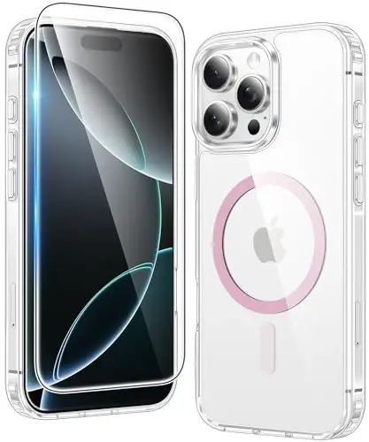 FNTCASE iPhone 16 Pro-Max uchun gʻilof: Magsafe bilan mos keladigan shaffof magnit telefon gʻiloflari, ingichka, sargʻayishga qarshi, harbiy darajadagi tushishdan himoya, mustahkam himoya shaffof telefon qopqogʻi (D-pushti) - FNTCASE (1)