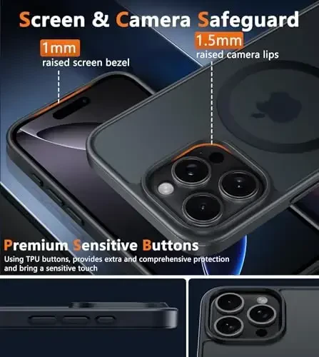 FNTCASE iPhone 16 Pro-Max uchun g‘ilof: [Magsafe bilan mos] Yarim shaffof mat magnitli telefon qopqog‘i - Harbiy darajadagi tushishdan himoya zarbaga chidamli himoya g‘iloflari - Qora - 5