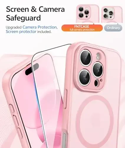 FNTCASE iPhone 16 Pro Max uchun g'ilof: [Magsafe bilan mos] Yarim shaffof matli g'iloflar [Kamera to'liq himoyalangan] [Ekran himoyachisi] Harbiy darajadagi zarbga chidamli himoya telefon qopqog'i - och pushti - 4