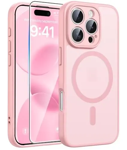 FNTCASE iPhone 16 Pro Max uchun g'ilof: [Magsafe bilan mos] Yarim shaffof matli g'iloflar [Kamera to'liq himoyalangan] [Ekran himoyachisi] Harbiy darajadagi zarbga chidamli himoya telefon qopqog'i - och pushti - 1
