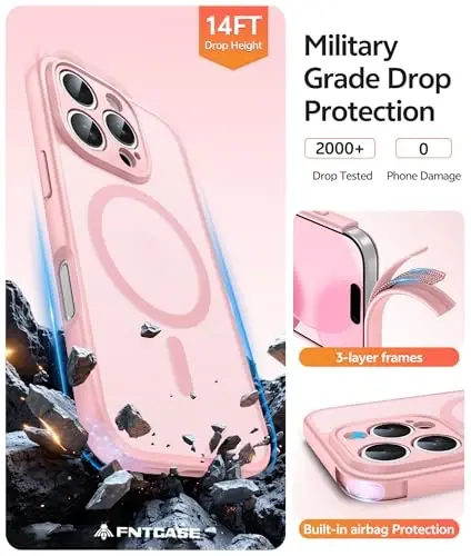 FNTCASE iPhone 16 Pro Max uchun g'ilof: [Magsafe bilan mos] Yarim shaffof matli g'iloflar [Kamera to'liq himoyalangan] [Ekran himoyachisi] Harbiy darajadagi zarbga chidamli himoya telefon qopqog'i - och pushti - 5