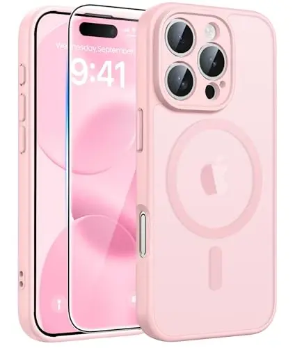 FNTCASE iPhone 16 Pro Max uchun g'ilof: [Magsafe bilan mos] Yarim shaffof matli g'iloflar [Kamera to'liq himoyalangan] [Ekran himoyachisi] Harbiy darajadagi zarbga chidamli himoya telefon qopqog'i - och pushti 