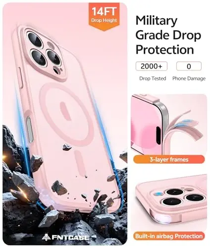 FNTCASE iPhone 16 Pro Max uchun g'ilof: [Magsafe bilan mos] Yarim shaffof matli g'iloflar [Kamera to'liq himoyalangan] [Ekran himoyachisi] Harbiy darajadagi zarbga chidamli himoya telefon qopqog'i - och pushti - 5