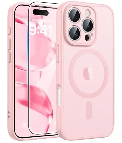 FNTCASE iPhone 16 Pro uchun g'ilof: Ekran himoyachisi bilan kuchli magnitli telefon g'ilofi | Yarim shaffof mato ingichka zarbga chidamli himoya tomchidan himoya qiluvchi telefon qopqog'i 