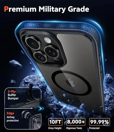 FNTCASE iPhone 16 Pro uchun g‘ilof: iPhone 16 Pro telefon uchun shaffof g‘ilof Magnitli harbiy darajadagi tushishdan himoya, sarg‘ayishga qarshi mobil telefon qopqog‘i - mustahkam zarbga chidamli himoya shaffof g‘iloflar (B-qora) - 6