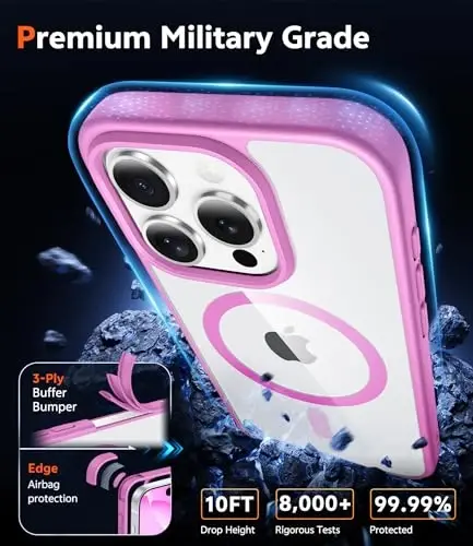 FNTCASE iPhone 16 Pro uchun g‘ilof: Magnitli tiniq telefon g‘iloflari, sarg‘ayishga qarshi himoya, ingichka yupqa shaffof qoplama, harbiy standartga mos zarba o‘tkazmaydigan yengil himoya (B-pushti) - 6