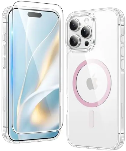 FNTCASE iPhone 16 Pro uchun g'ilof: Magsafe bilan mos keladigan shaffof magnit telefon g'iloflari, ingichka, sarg'ayishga qarshi, harbiy darajadagi tushishdan himoya, zarbga chidamli himoya shaffof mobil qopqoq (D-pushti) 