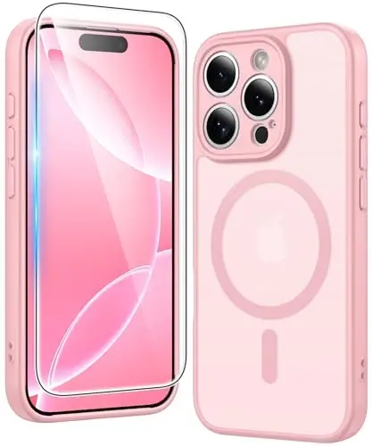 FNTCASE iPhone 16 Pro uchun g‘ilof: Magsafe bilan mos keluvchi mat magnitli telefon g‘iloflari, ekran himoyachisi bilan, ingichka, sarg‘ayishga qarshi, zarbga chidamli himoya qoplamasi (C-pushti) 