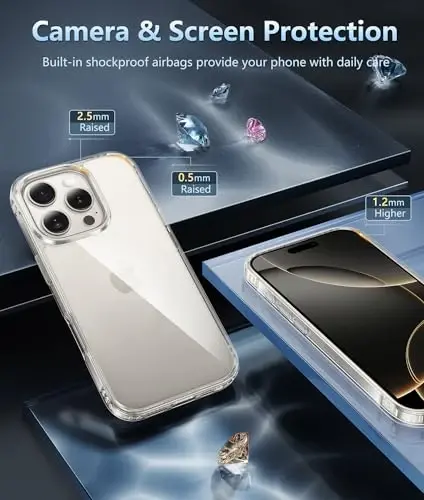 FNTCASE iPhone 16 Pro uchun g'ilof: Magsafe bilan mos keluvchi shaffof telefon g'iloflari Yupqa sarg'ayishga qarshi harbiy darajadagi tushishdan himoya Qattiq zarbga chidamli himoya shaffof mobil telefon qopqog'i (B-Shaffof) - 5