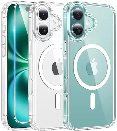 FNTCASE iPhone 16 uchun g'ilof: Shaffof harbiy standartdagi zarbadan himoya, sarg'ayishga qarshi ingichka g'ilof - Zarbadan himoya qiluvchi mustahkam shaffof telefon qopqog'i (D-Yaltiroq) - 1