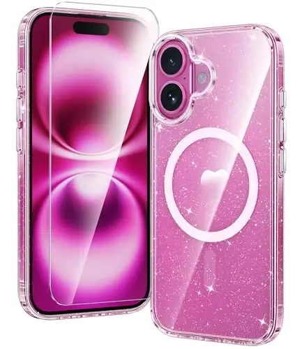 FNTCASE iPhone 16 uchun g‘ilof: Shaffof magnit harbiy darajadagi tushishdan himoya, sarg‘ayishga qarshi ingichka g‘ilof - zarbaga chidamli himoya shaffof telefon qopqog‘i (D-Glitter magnitli) - FNTCASE