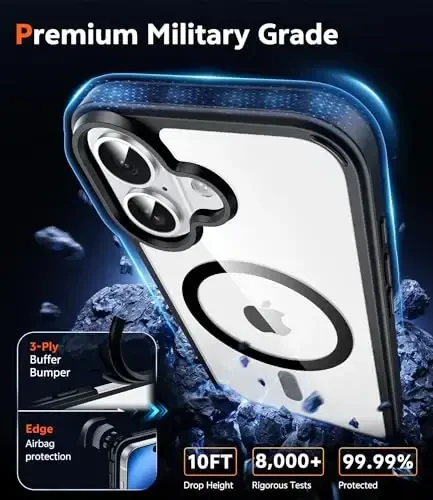 FNTCASE iPhone 16 uchun G'ilof Shaffof: Magnit Telefon G'iloflari Ekran Himoyachisi bilan Magsafe Slimga mos Tushishdan Himoya Sariqlikka qarshi Qattiq Zarbadan Himoya Shaffof Mobil G'ilof (B-Qora) - 8