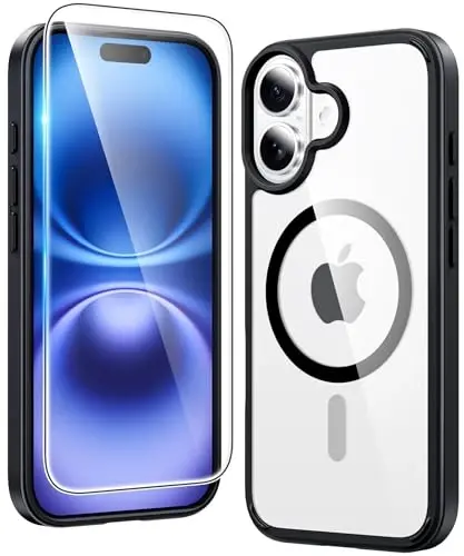 FNTCASE iPhone 16 uchun G'ilof Shaffof: Magnit Telefon G'iloflari Ekran Himoyachisi bilan Magsafe Slimga mos Tushishdan Himoya Sariqlikka qarshi Qattiq Zarbadan Himoya Shaffof Mobil G'ilof (B-Qora) - 5