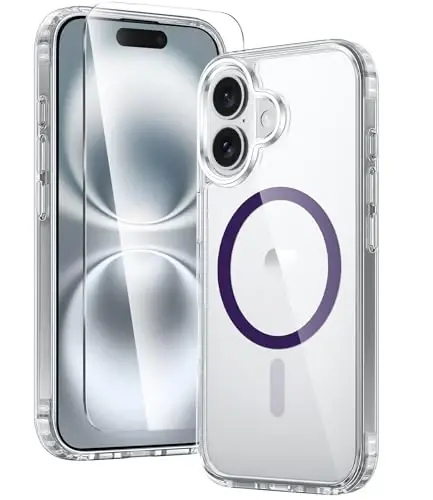 FNTCASE iPhone 16 uchun g‘ilof: Shaffof magnitli harbiy standartga mos tushishdan himoya, sarg‘ayishga qarshi, ingichka g‘ilof - zarbaga chidamli himoya shaffof telefon qopqog‘i (D-siyohrang) 