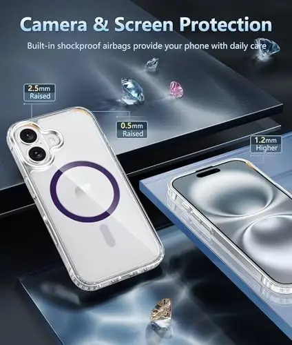 FNTCASE iPhone 16 uchun g‘ilof: Shaffof magnitli harbiy standartga mos tushishdan himoya, sarg‘ayishga qarshi, ingichka g‘ilof - zarbaga chidamli himoya shaffof telefon qopqog‘i (D-siyohrang) - 5