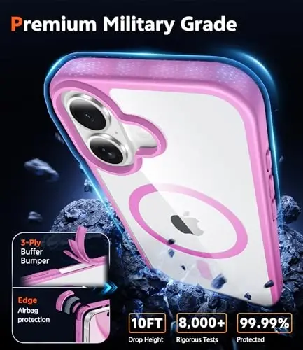 FNTCASE iPhone 16 uchun g'ilof Shaffof: Magnitli telefon g'iloflari ekran himoyachisi bilan Sariqlikka qarshi Shaffof Yengil Ingichka Mustahkam himoya mobil telefon qopqog'i (B-Pushti) - 6