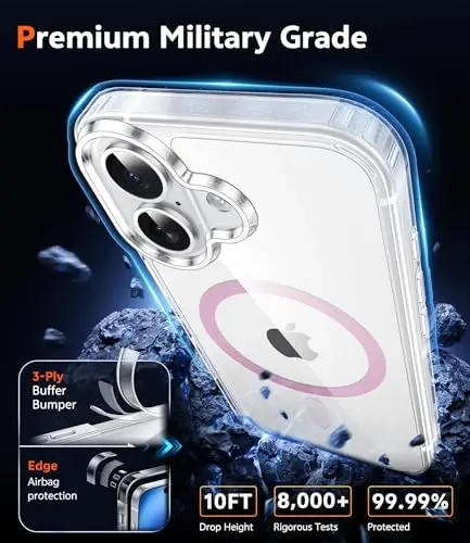 FNTCASE iPhone 16 uchun G'ilof Shaffof: Magsafe bilan mos keladigan magnit telefon g'iloflari Yupqa sarg'ayishga qarshi harbiy darajadagi tushishdan himoya Qattiq zarbga chidamli himoya shaffof uyali qopqoq (D-pushti) - 5