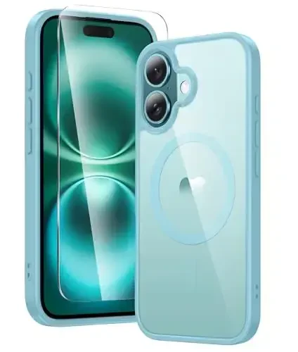 FNTCASE iPhone 16 uchun g'ilof Shaffof: Magsafe bilan mos magnit telefon g'iloflari Yupqa sarg'ayishga qarshi harbiy darajadagi tushishdan himoya Qattiq himoya shaffof mobil telefon qopqog'i (D-Teal magnitli) 