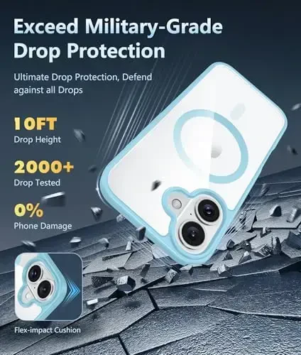 FNTCASE iPhone 16 uchun g'ilof Shaffof: Magsafe bilan mos magnit telefon g'iloflari Yupqa sarg'ayishga qarshi harbiy darajadagi tushishdan himoya Qattiq himoya shaffof mobil telefon qopqog'i (D-Teal magnitli) - 4