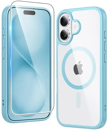 FNTCASE iPhone 16 uchun g'ilof Shaffof: Magsafe bilan mos magnit telefon g'iloflari Yupqa sarg'ayishga qarshi harbiy darajadagi tushishdan himoya Qattiq himoya shaffof mobil telefon qopqog'i (D-Teal magnitli) 