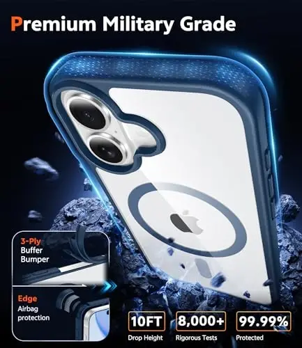FNTCASE iPhone 16 uchun g'ilof, tiniq: Magnit telefon g'iloflari, himoya, sarg'aymaydigan, ingichka, shaffof qopqoq, harbiy standartlarga javob beradigan zarba o'tkazmaydigan, yengil (B-ko'k) - 6