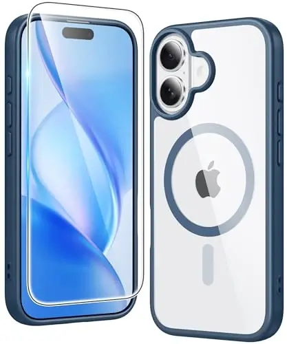 FNTCASE iPhone 16 uchun g'ilof, tiniq: Magnit telefon g'iloflari, himoya, sarg'aymaydigan, ingichka, shaffof qopqoq, harbiy standartlarga javob beradigan zarba o'tkazmaydigan, yengil (B-ko'k) 