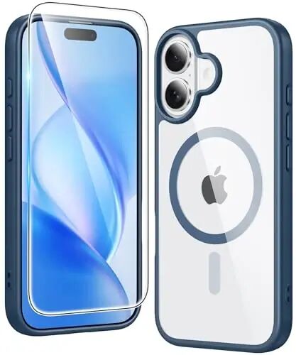 FNTCASE iPhone 16 uchun g'ilof, tiniq: Magnit telefon g'iloflari, himoya, sarg'aymaydigan, ingichka, shaffof qopqoq, harbiy standartlarga javob beradigan zarba o'tkazmaydigan, yengil (B-ko'k) 