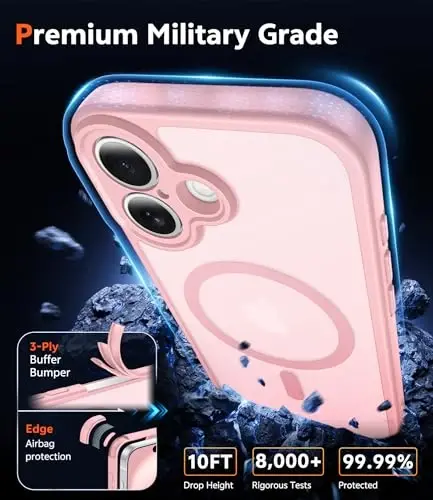 FNTCASE iPhone 16 uchun mat qopqoq: ekran himoyachisi va linza himoyasi bilan magnitli yarim shaffof telefon qopqoqlari, bardoshli teksturali zarbga chidamli himoya ingichka g'ilof 6.1 dyuym (C-pushti) - 6