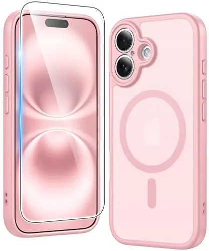FNTCASE iPhone 16 uchun mat qopqoq: ekran himoyachisi va linza himoyasi bilan magnitli yarim shaffof telefon qopqoqlari, bardoshli teksturali zarbga chidamli himoya ingichka g'ilof 6.1 dyuym (C-pushti) 