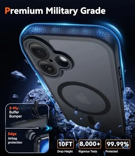 FNTCASE iPhone 16 uchun mat qopqoq: Magnitli telefon g'iloflari ekran himoyachisi bilan, zarbga chidamli, Magsafe bilan mos, ingichka, sarg'aymaydigan, mustahkam, zarbadan himoya qiluvchi shaffof mobil g'ilof (C-qora) - 6