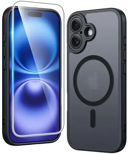 FNTCASE iPhone 16 uchun mat qopqoq: Magnitli telefon g'iloflari ekran himoyachisi bilan, zarbga chidamli, Magsafe bilan mos, ingichka, sarg'aymaydigan, mustahkam, zarbadan himoya qiluvchi shaffof mobil g'ilof (C-qora) 