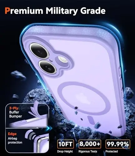 FNTCASE iPhone 16 uchun mat qopqoq: magnitli yarim shaffof telefon g'iloflari ekran himoyachisi va linzalarni himoya qilish bilan, bardoshli to'qimali zarbaga chidamli himoya yupqa mobil g'ilof 6.1 dyuym (C-binafsha) - 6