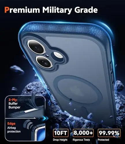 FNTCASE iPhone 16 uchun matli g'ilof: magnitli telefon g'iloflari ekran himoyachisi bilan, Magsafe bilan mos, ingichka, sarg'aymaydigan, zarbga chidamli, himoya qiluvchi yarim shaffof g'ilof (C-ko'k) - 6