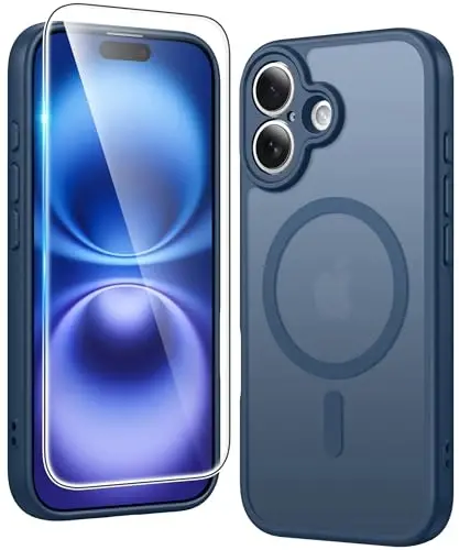FNTCASE iPhone 16 uchun matli g'ilof: magnitli telefon g'iloflari ekran himoyachisi bilan, Magsafe bilan mos, ingichka, sarg'aymaydigan, zarbga chidamli, himoya qiluvchi yarim shaffof g'ilof (C-ko'k) 