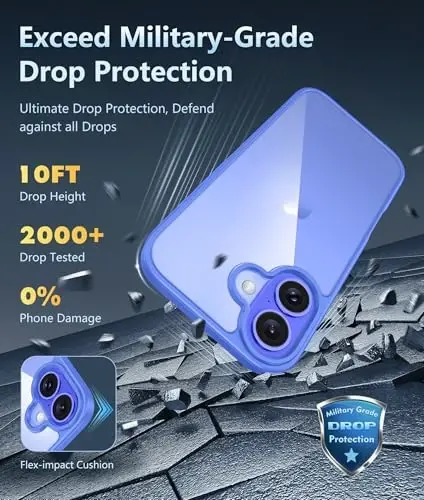 FNTCASE iPhone 16 uchun telefon g'ilofi: Harbiy darajadagi tushishdan himoya, sarg'ayishga qarshi, ingichka g'ilof - zarbaga chidamli himoya shaffof mobil telefon qopqog'i (D-Ultramarine) - 4