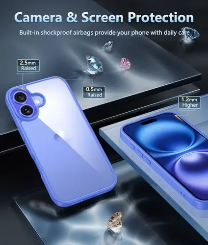 FNTCASE iPhone 16 uchun telefon g'ilofi: Harbiy darajadagi tushishdan himoya, sarg'ayishga qarshi, ingichka g'ilof - zarbaga chidamli himoya shaffof mobil telefon qopqog'i (D-Ultramarine) - 5