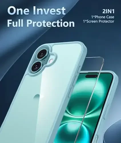 FNTCASE iPhone 16 uchun telefon g'ilofi: Harbiy darajadagi tushishdan himoya, sarg'ayishga qarshi nozik g'ilof - Zarba o'tkazmaydigan shaffof telefon qopqog'i (D-Teal) - 3